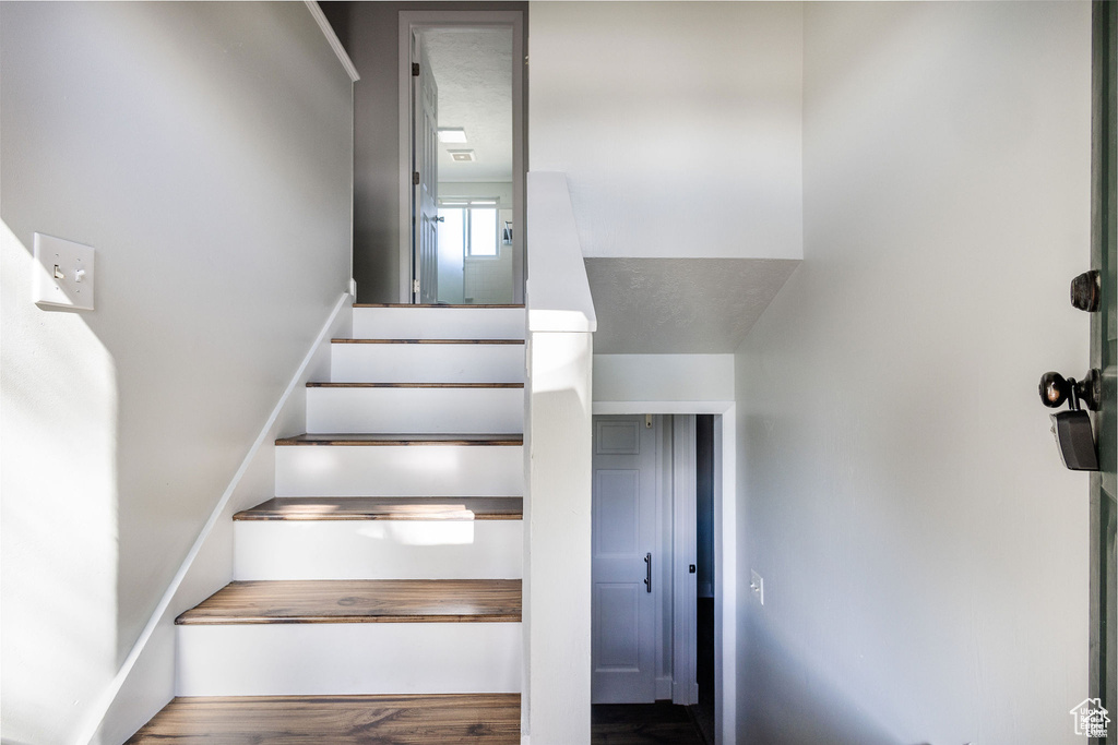 Staircase featuring wood finished floors