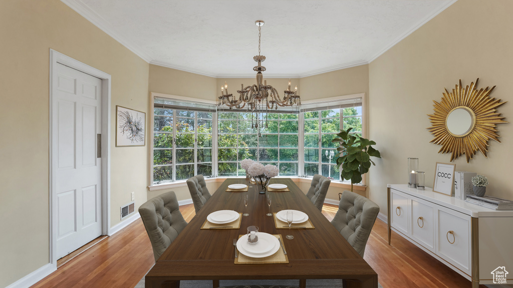 Dining area featuring wood finished floors, a chandelier, plenty of natural light, ornamental molding, and baseboards