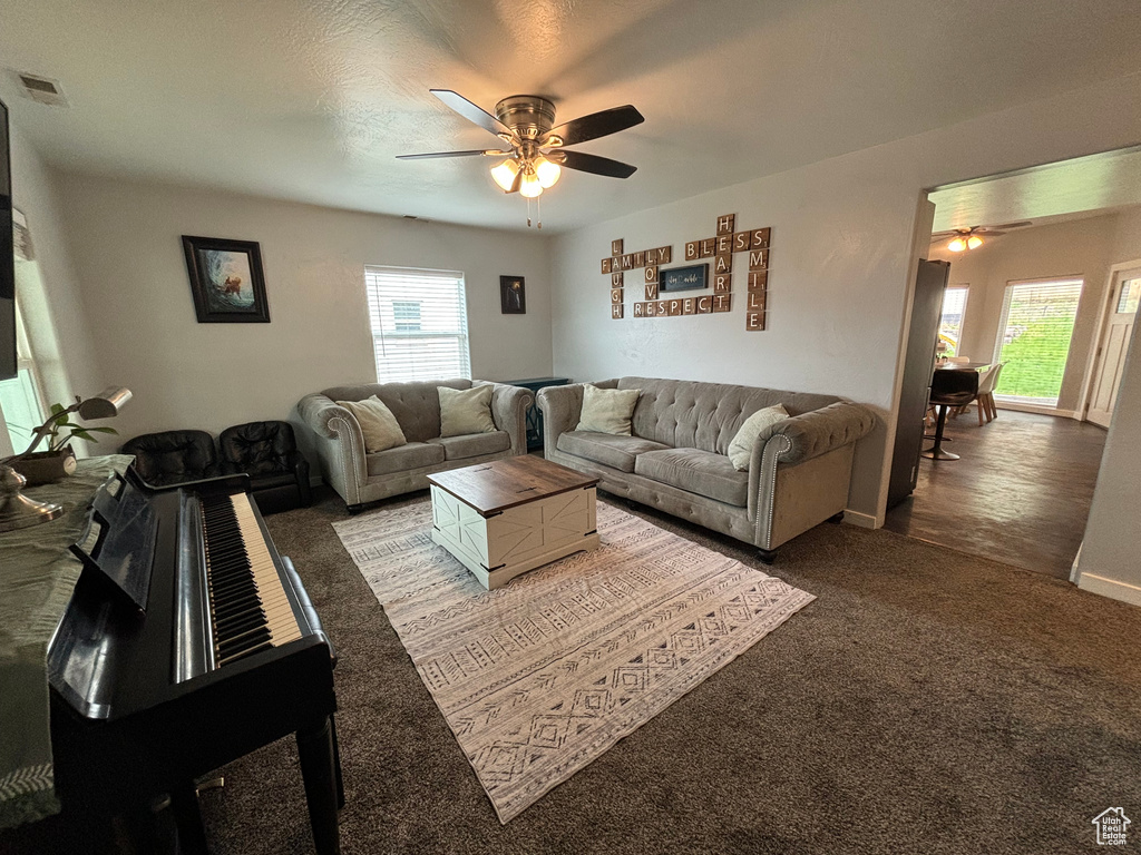 Carpeted living area with ceiling fan and plenty of natural light