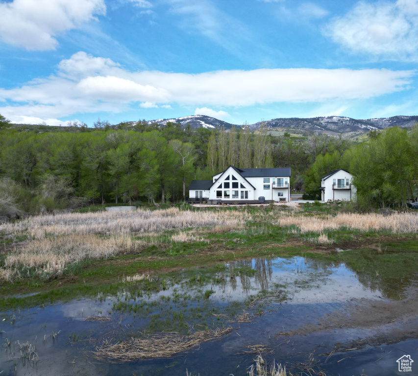 Water view with a mountainous background and a forest