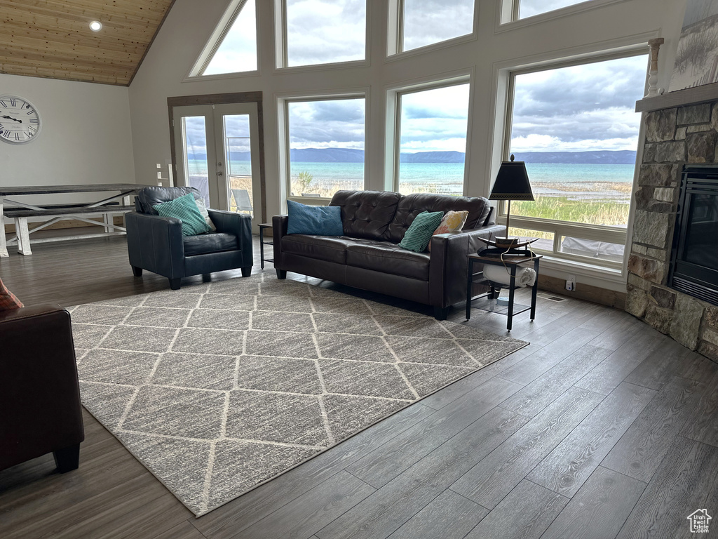Living area featuring a fireplace, plenty of natural light, high vaulted ceiling, a water view, and wood finished floors