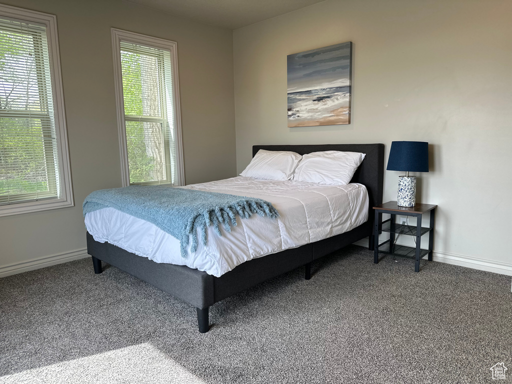 Carpeted bedroom with multiple windows and baseboards