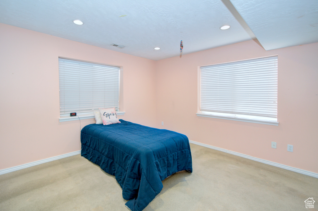 Carpeted bedroom featuring baseboards and recessed lighting