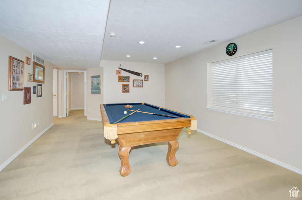 Rec room featuring billiards, baseboards, light colored carpet, and recessed lighting