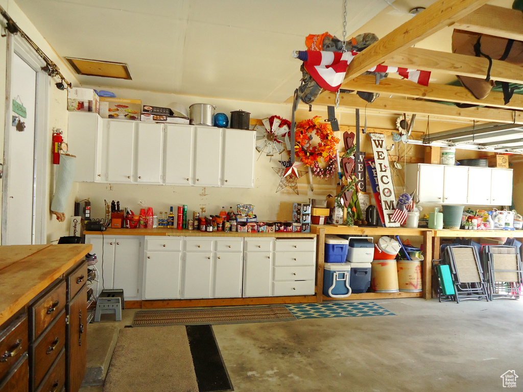 Garage featuring a workshop area