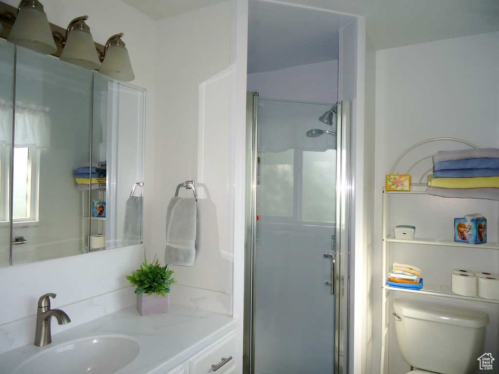 Bathroom featuring a shower stall, toilet, and vanity