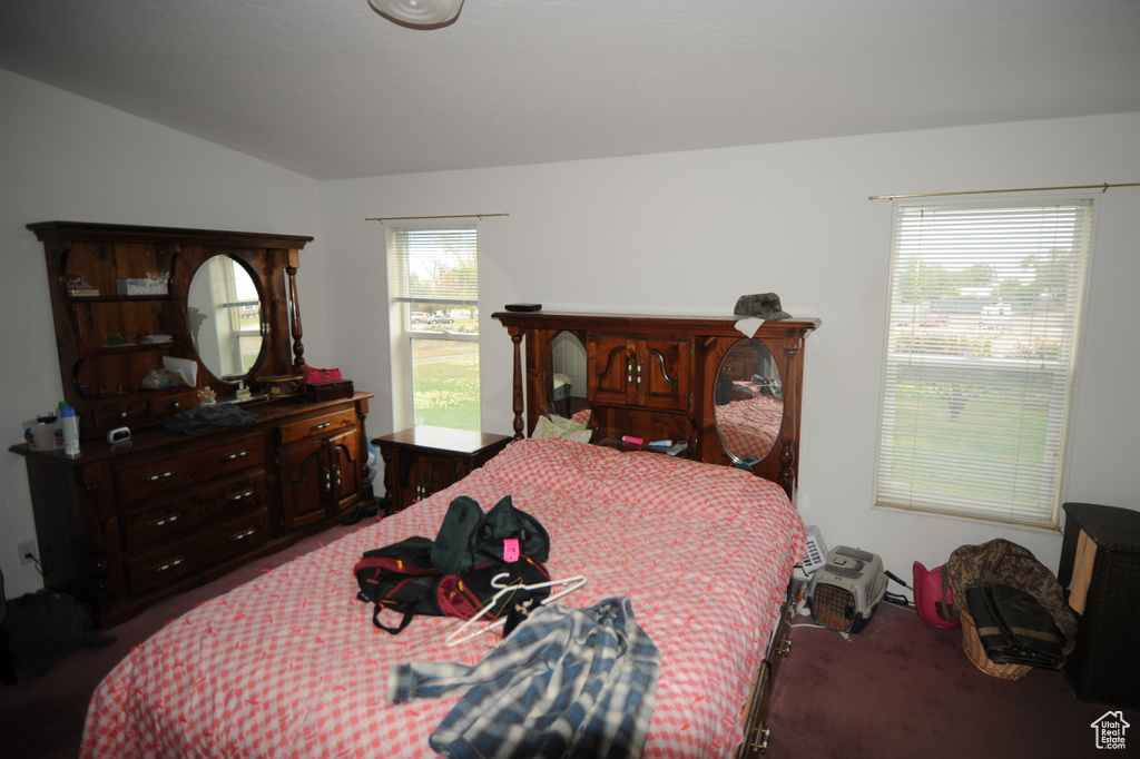 Carpeted bedroom featuring lofted ceiling