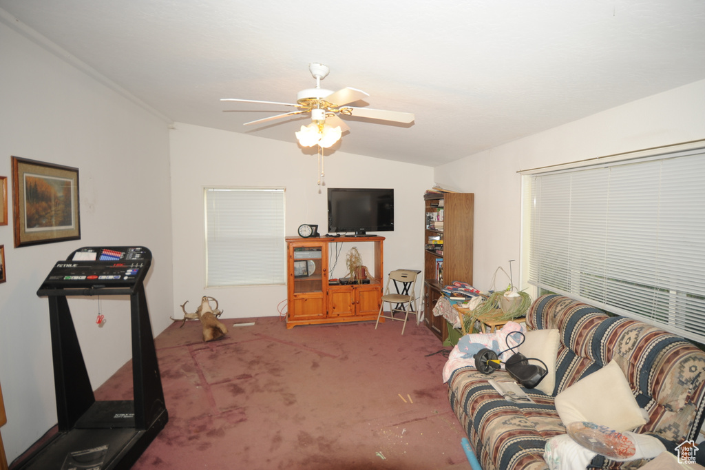 Living room featuring carpet flooring, lofted ceiling, and ceiling fan