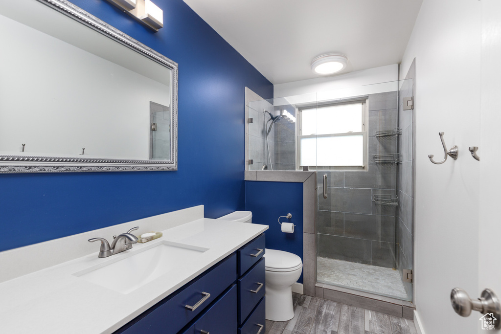 Bathroom with a shower stall, toilet, wood finished floors, and vanity