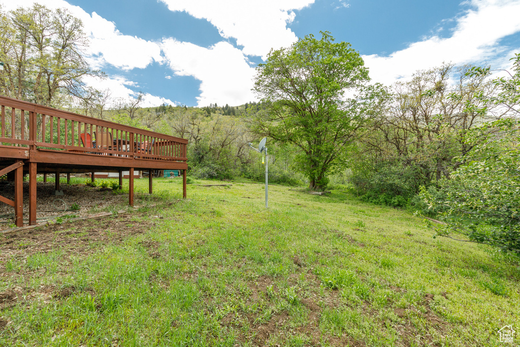 View of yard with a wooden deck