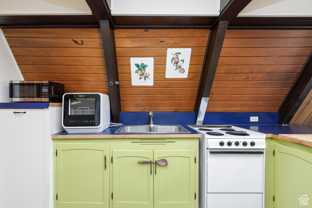 Kitchen featuring electric range, stainless steel microwave, a sink, green cabinetry, and wooden walls