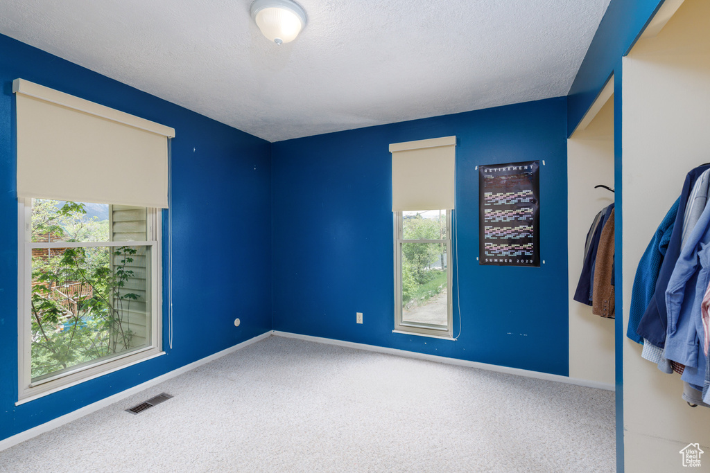 Empty room with carpet floors, healthy amount of natural light, baseboards, and a textured ceiling