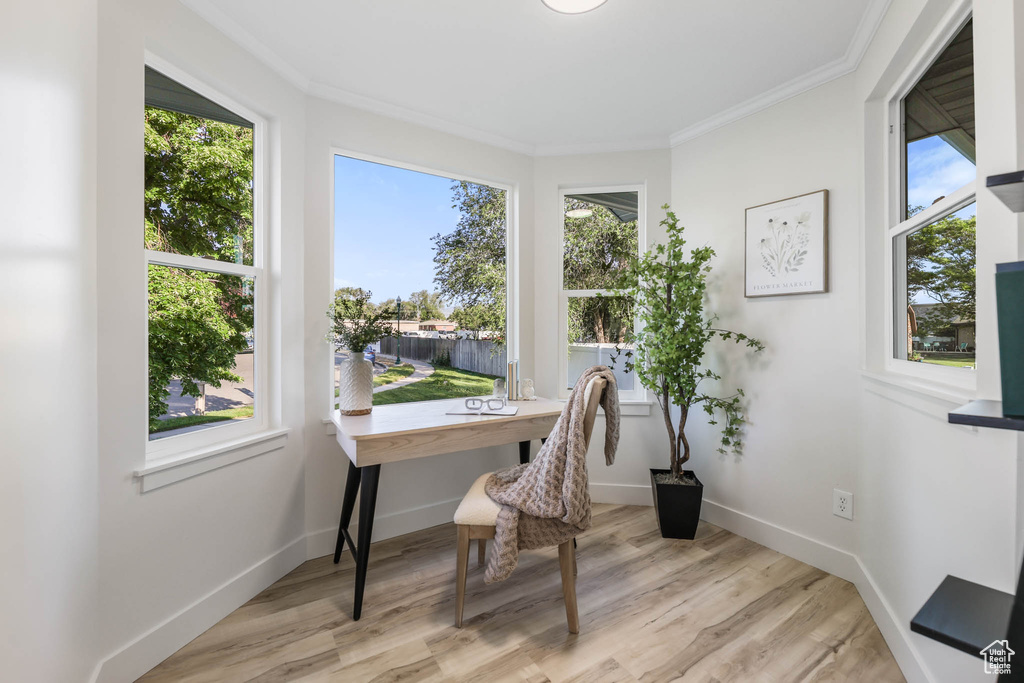 Office featuring ornamental molding, light wood finished floors, and baseboards