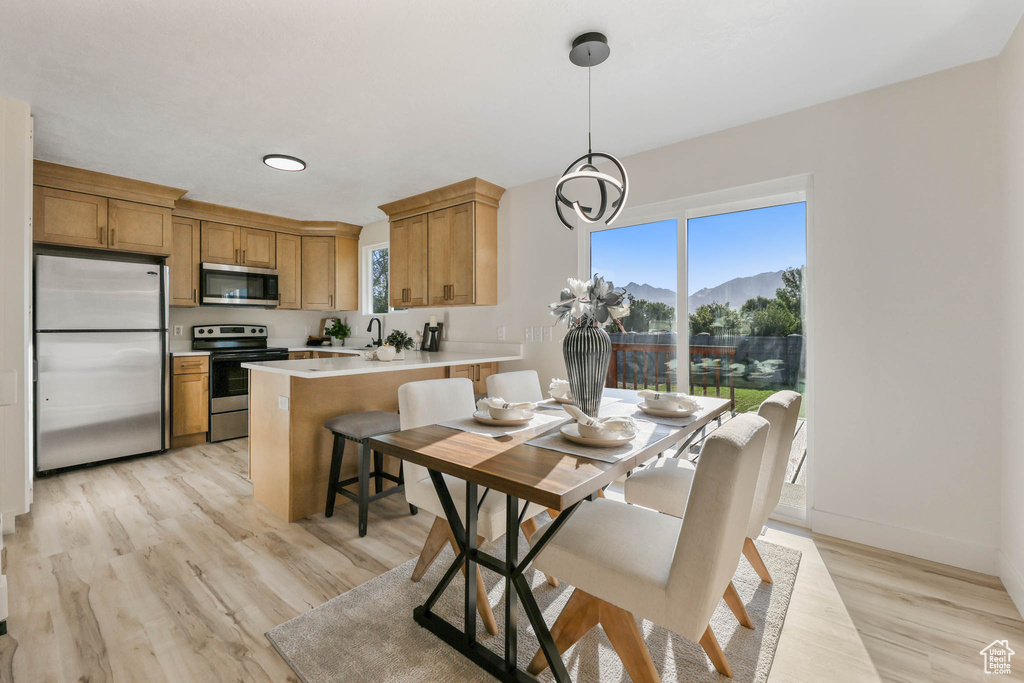 Dining room featuring light wood-style floors, a mountain view, baseboards, and a chandelier