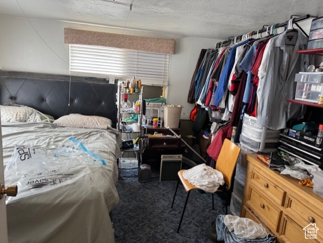 Carpeted bedroom featuring a textured ceiling
