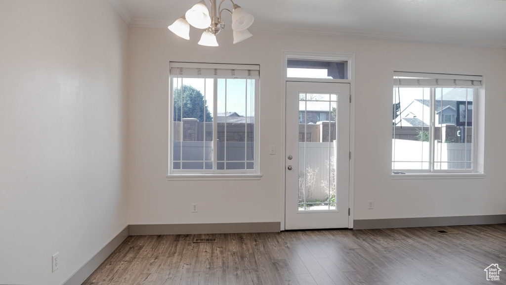 Doorway featuring plenty of natural light, wood finished floors, crown molding, and a ceiling fan