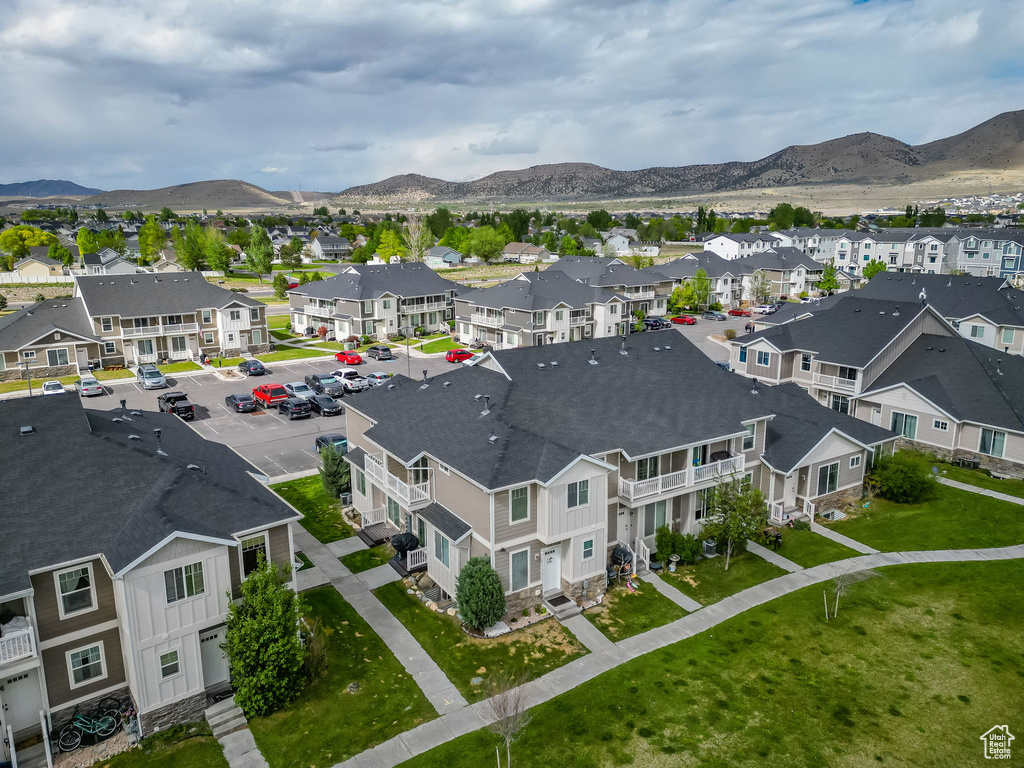 Aerial perspective of suburban area featuring mountains
