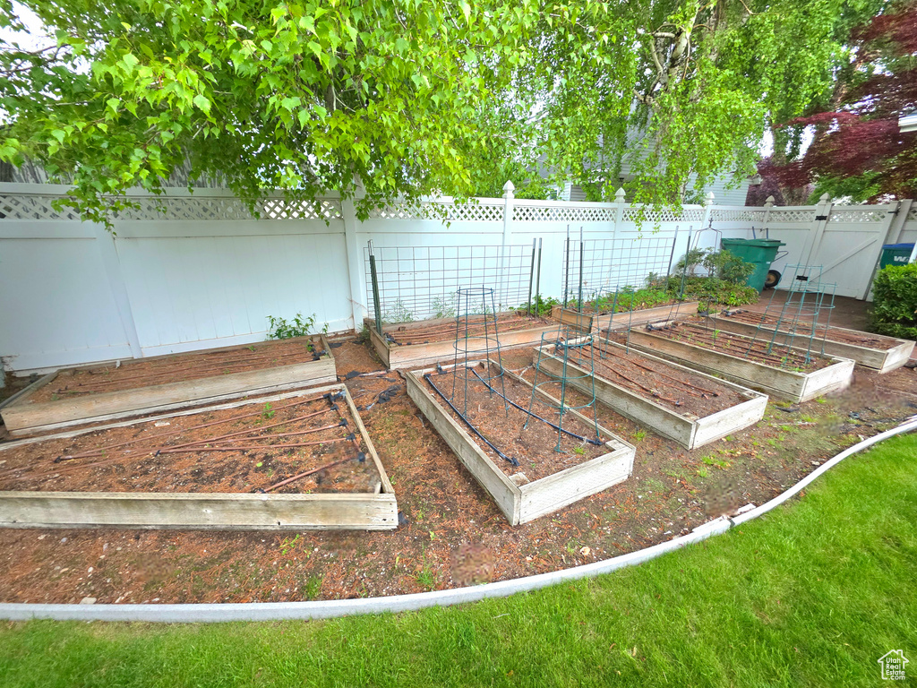 Fenced backyard featuring a vegetable garden