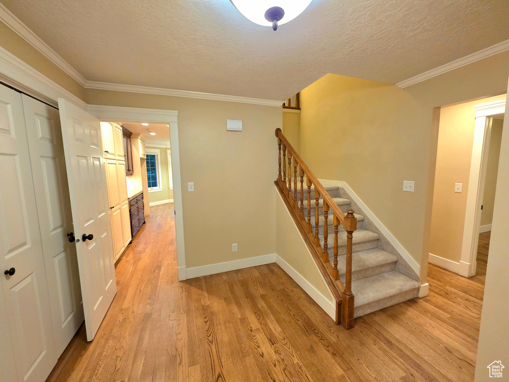 Stairway featuring wood finished floors, crown molding, a textured ceiling, and baseboards