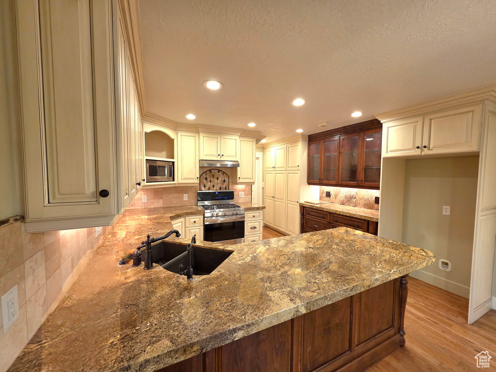 Kitchen featuring stainless steel appliances, a sink, under cabinet range hood, recessed lighting, and light stone counters