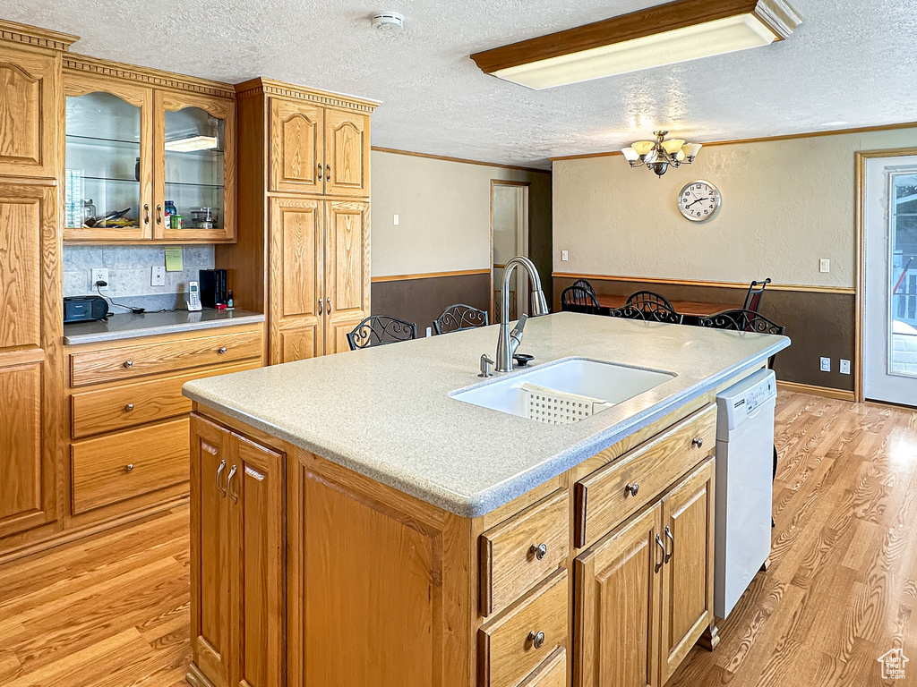Kitchen featuring a sink, a textured ceiling, white dishwasher, light wood-style flooring, and a wainscoted wall
