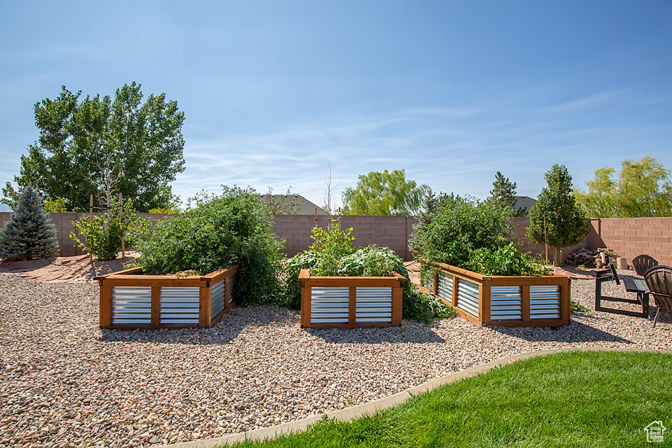 Fenced backyard featuring a vegetable garden