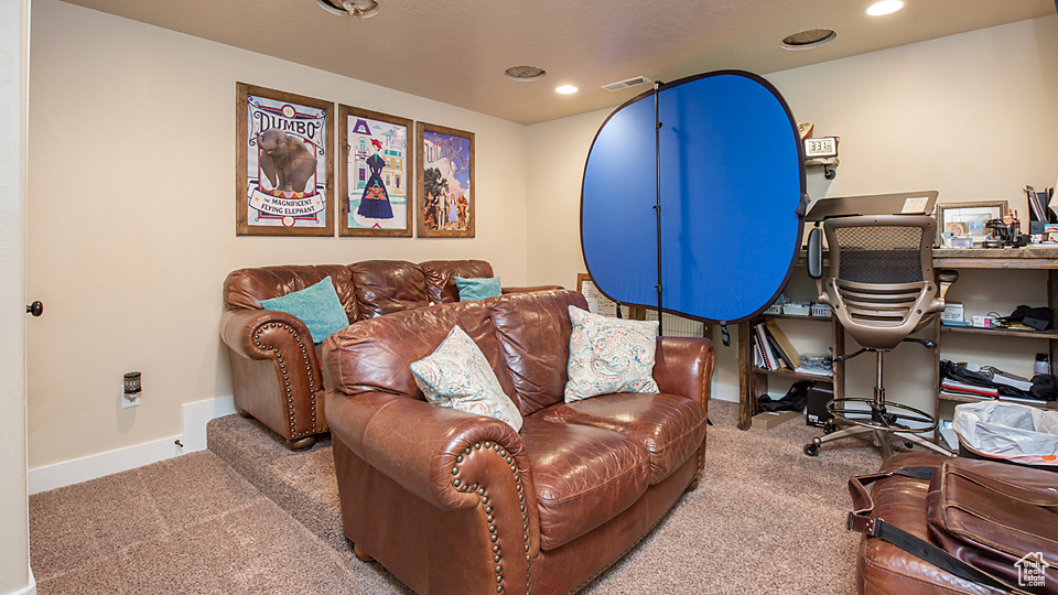 Office area with carpet, baseboards, and recessed lighting