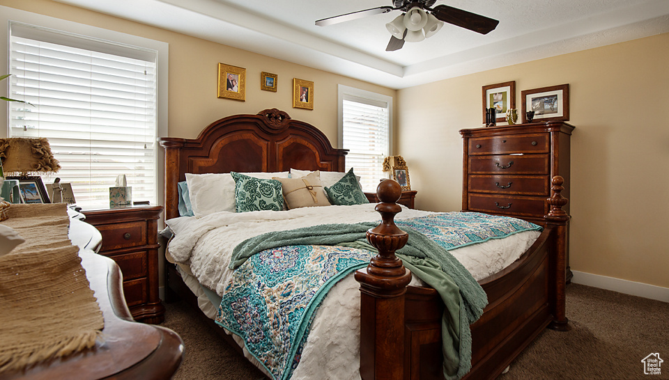 Carpeted bedroom featuring baseboards, a ceiling fan, and a raised ceiling