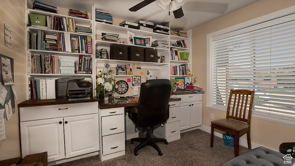 Office featuring a ceiling fan and dark carpet