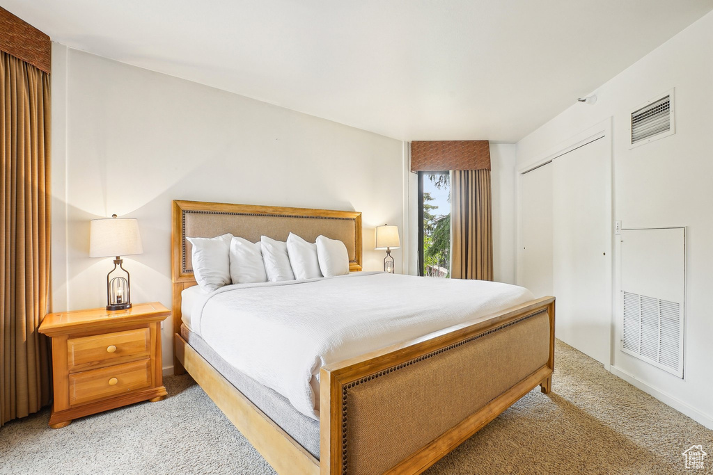 Bedroom featuring light carpet and a closet