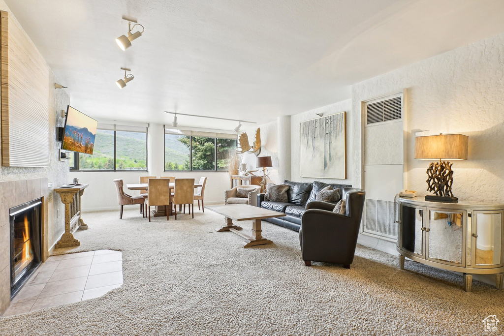 Living area featuring a heating unit, rail lighting, carpet, and a tile fireplace