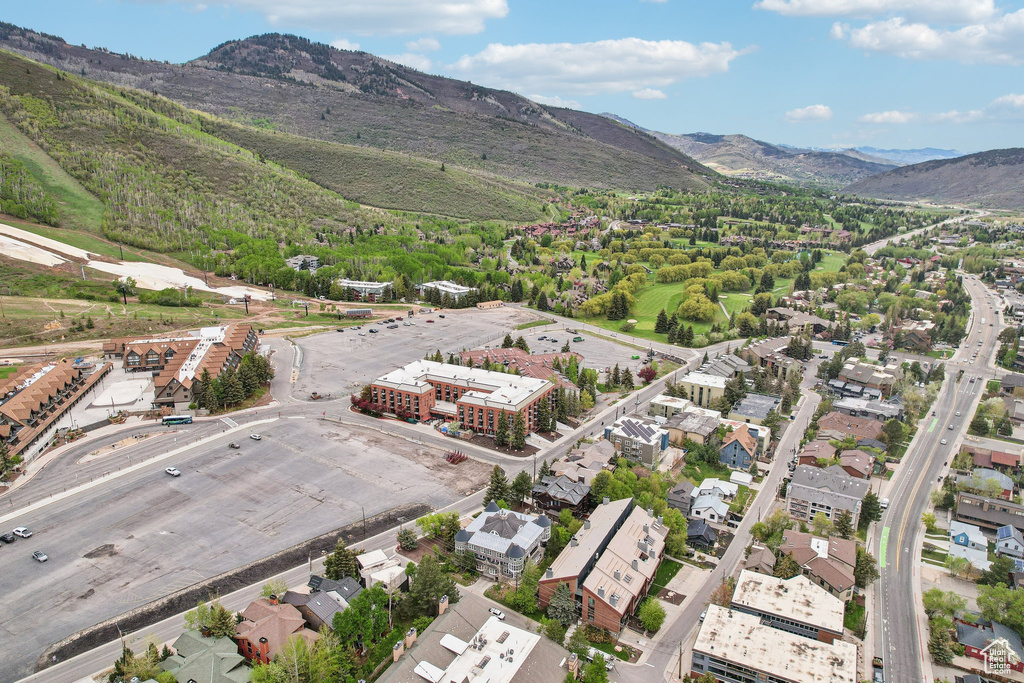 Aerial view of residential area with mountains