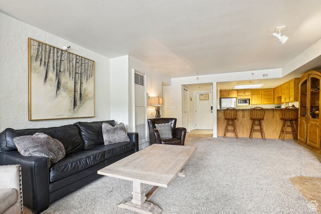 Living room with light carpet