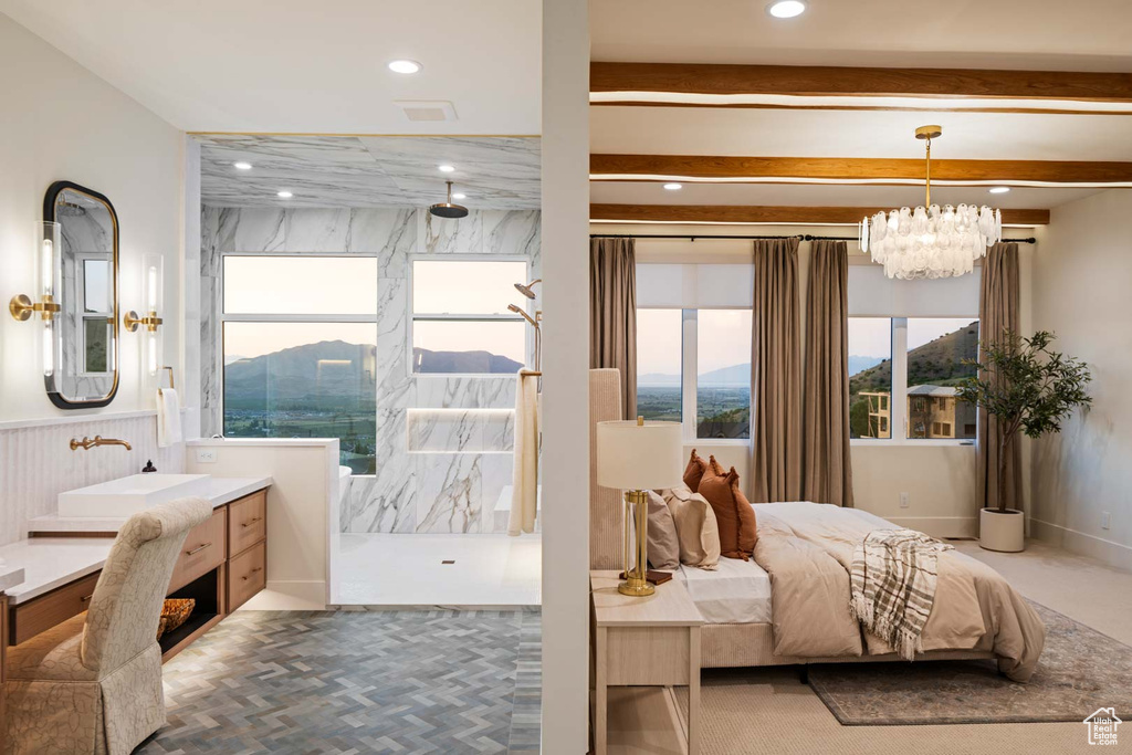 Bedroom with recessed lighting, a sink, a chandelier, and beam ceiling