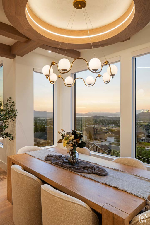 Dining space with a chandelier, wood finished floors, a tray ceiling, and plenty of natural light
