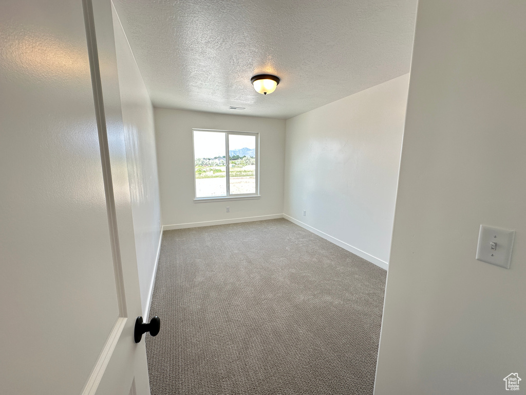 Carpeted empty room featuring a textured ceiling and baseboards