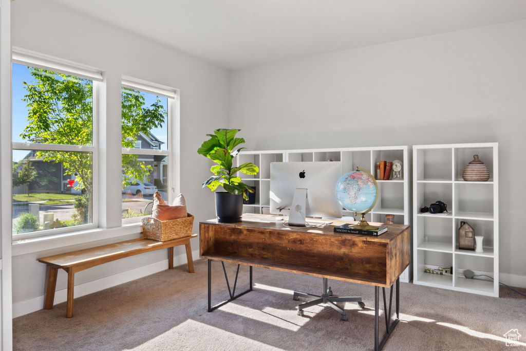 Carpeted office space with baseboards