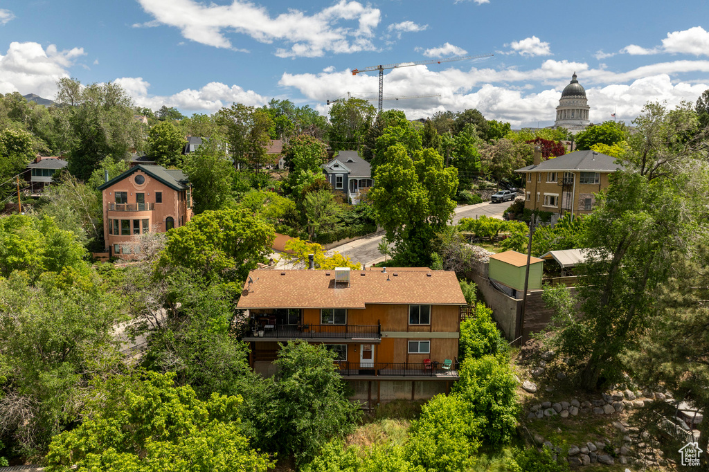 Aerial view of a tree filled landscape