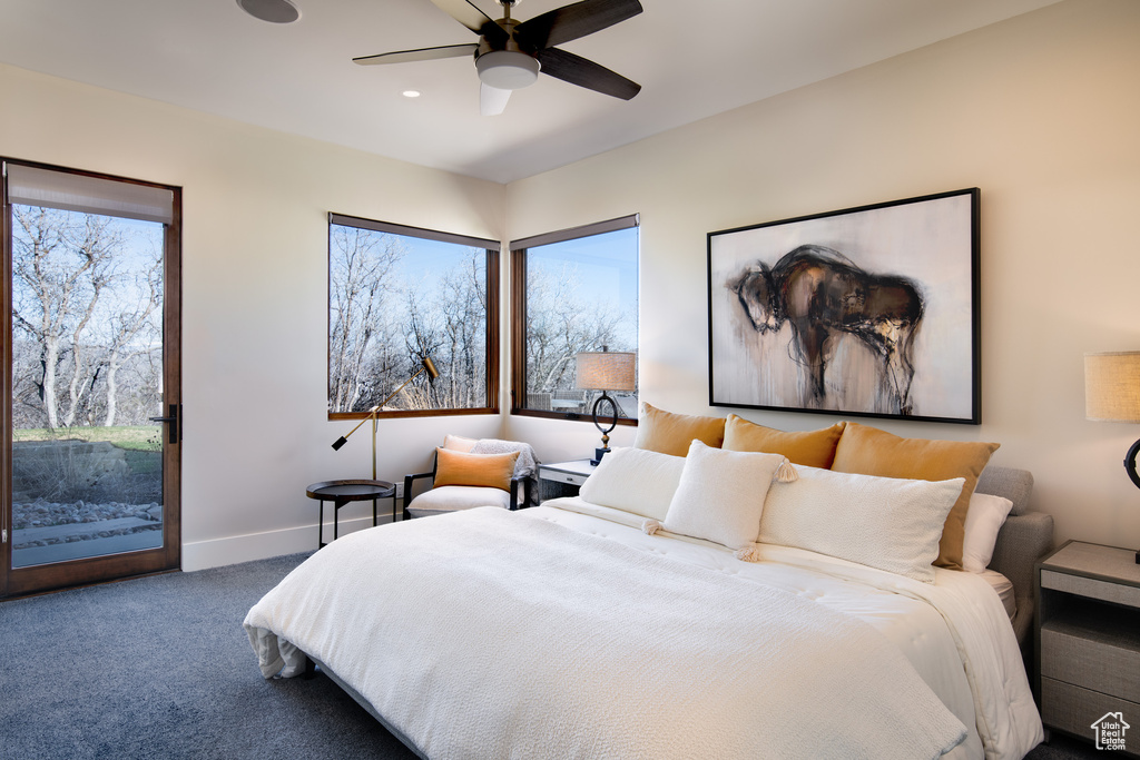 Bedroom with access to exterior, baseboards, carpet floors, ceiling fan, and recessed lighting