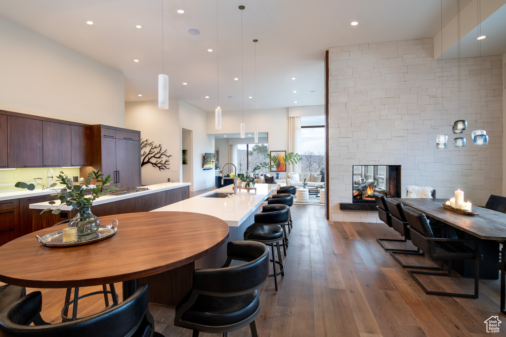 Kitchen featuring a sink, modern cabinets, a kitchen island with sink, open floor plan, and light countertops