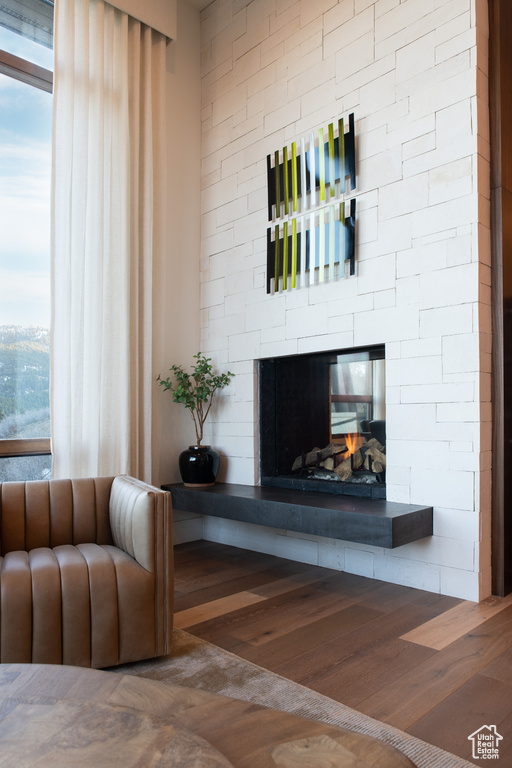 Living area featuring wood finished floors and a fireplace