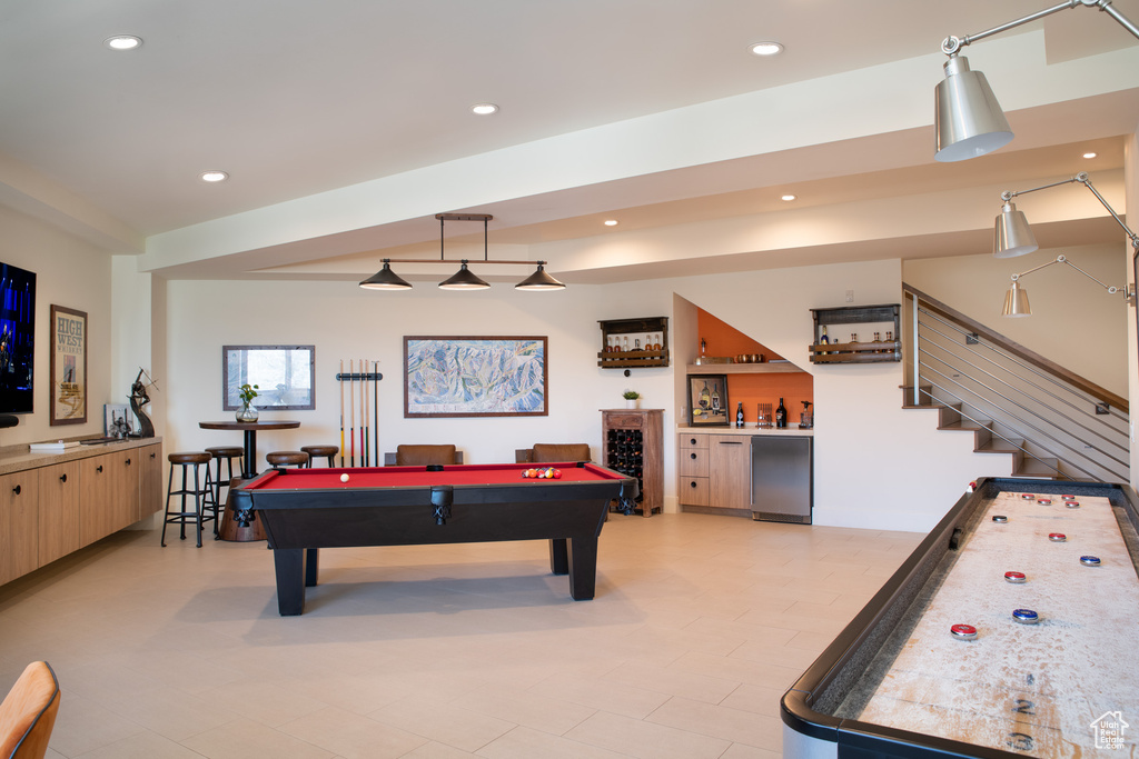 Recreation room with bar, billiards, and recessed lighting
