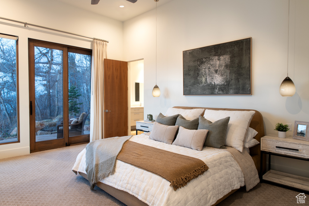 Bedroom with carpet, access to outside, recessed lighting, and baseboards