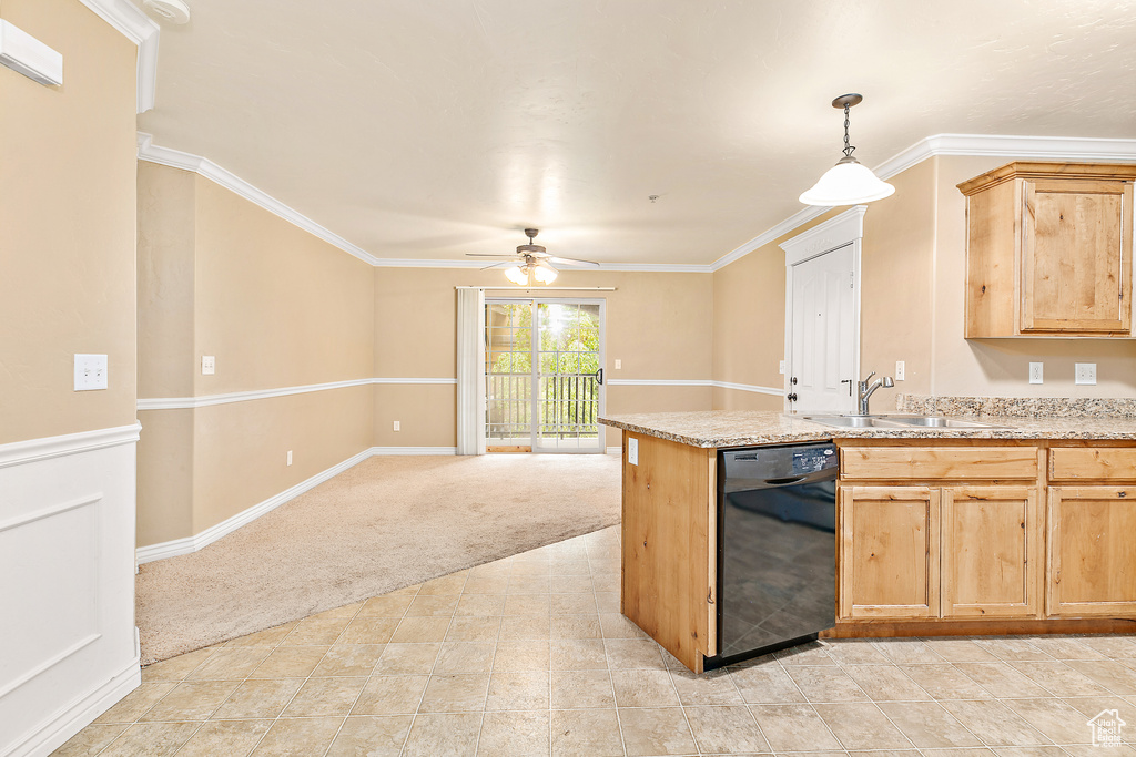 Kitchen with black dishwasher, a sink, open floor plan, a ceiling fan, and light colored carpet