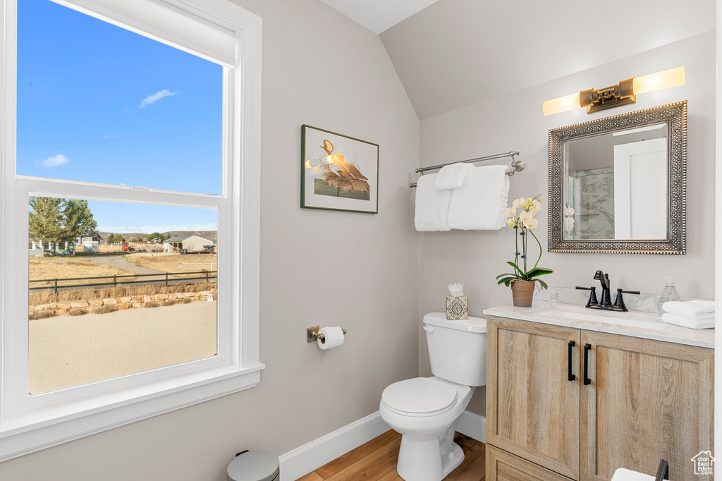 Bathroom featuring baseboards, toilet, wood finished floors, vanity, and vaulted ceiling