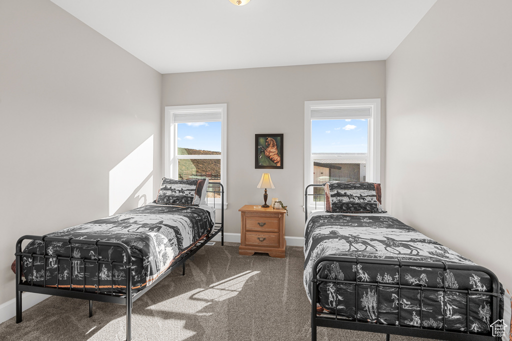Carpeted bedroom featuring multiple windows and baseboards