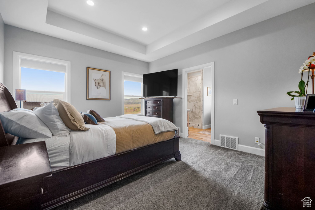 Carpeted bedroom with multiple windows, recessed lighting, a raised ceiling, and ensuite bath