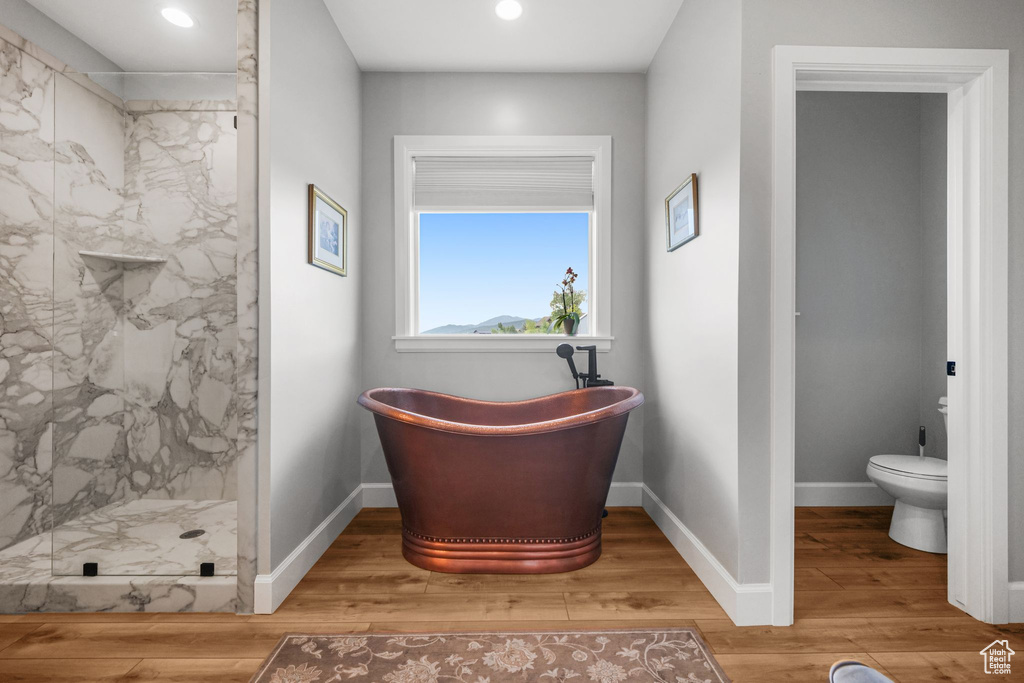 Bathroom featuring a marble finish shower, wood finished floors, a soaking tub, and recessed lighting