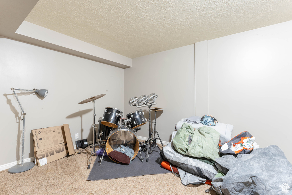 Recreation room with baseboards and a textured ceiling