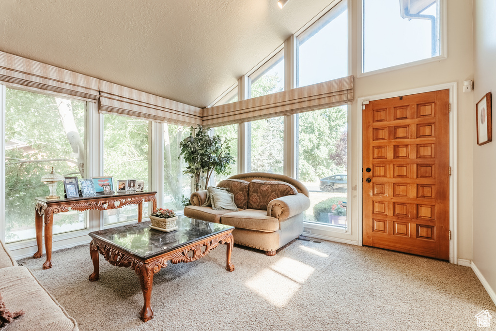 Living area featuring plenty of natural light, carpet flooring, high vaulted ceiling, and a textured ceiling